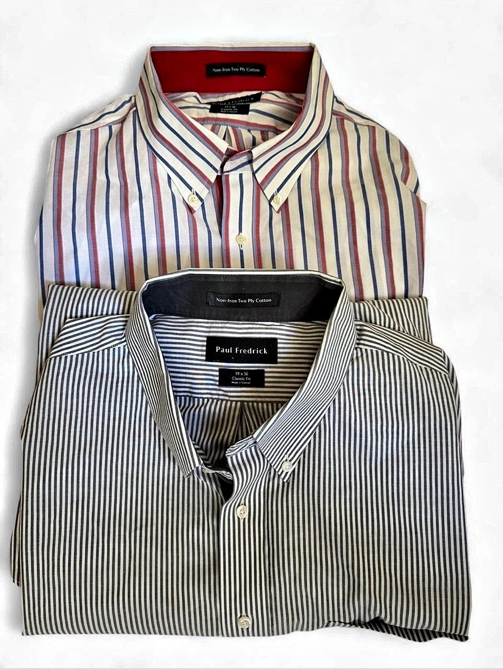 2 Paul Fredrick Non-Iron Cotton Classic Fit Men's Striped Shirt Size 19 x 36 XXL